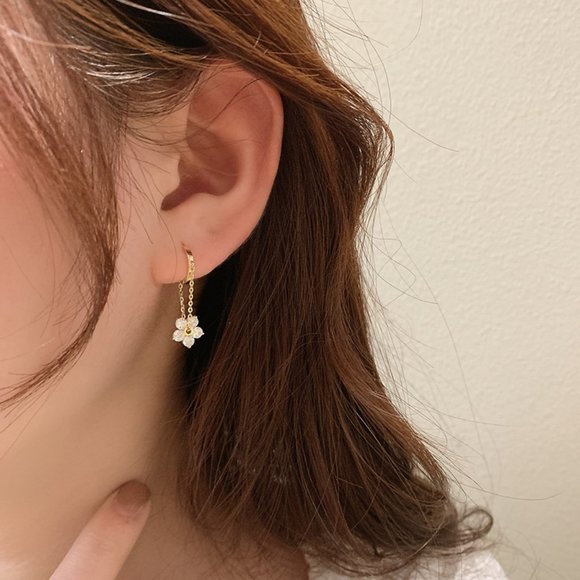 Jewelry - NEW Silver Copper Zircon Flower Chain Tassel Hoop Earrings